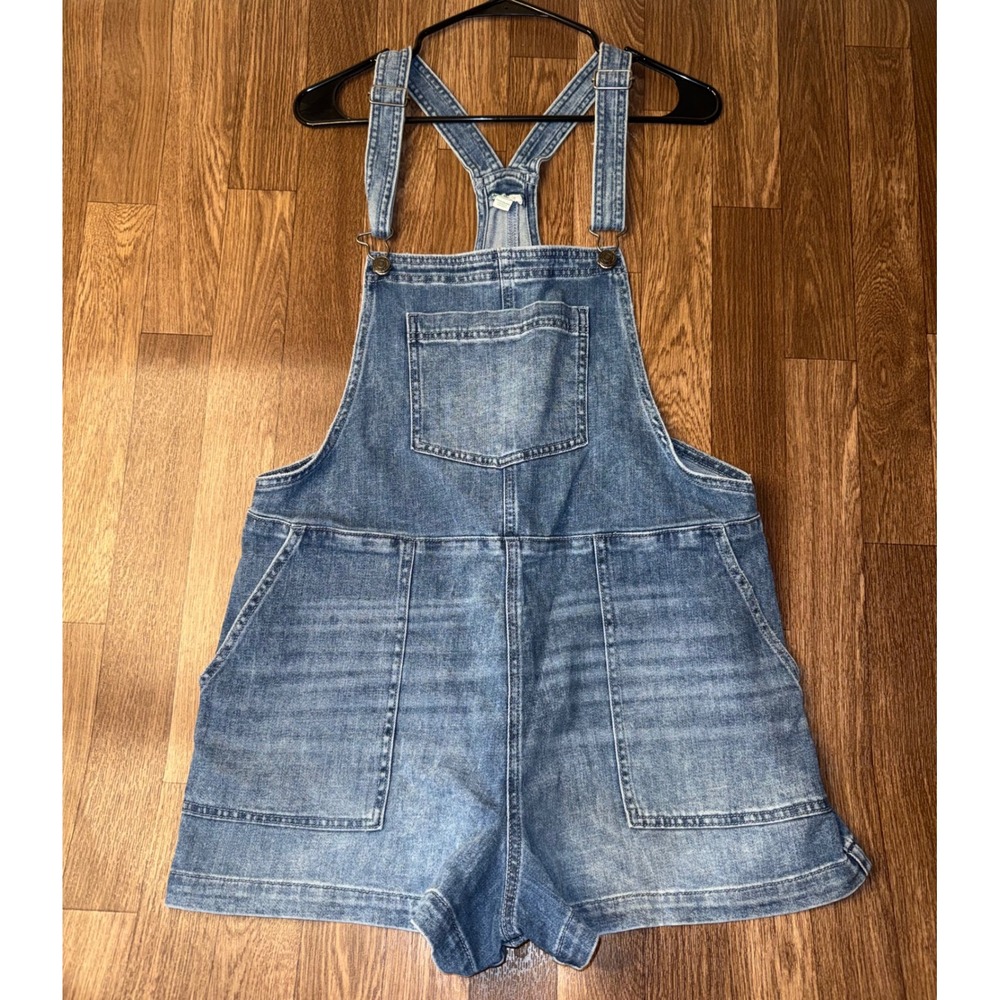 Aerie Light Wash Denim Shortalls Floral Embroidered Pockets Blue L 2653739650